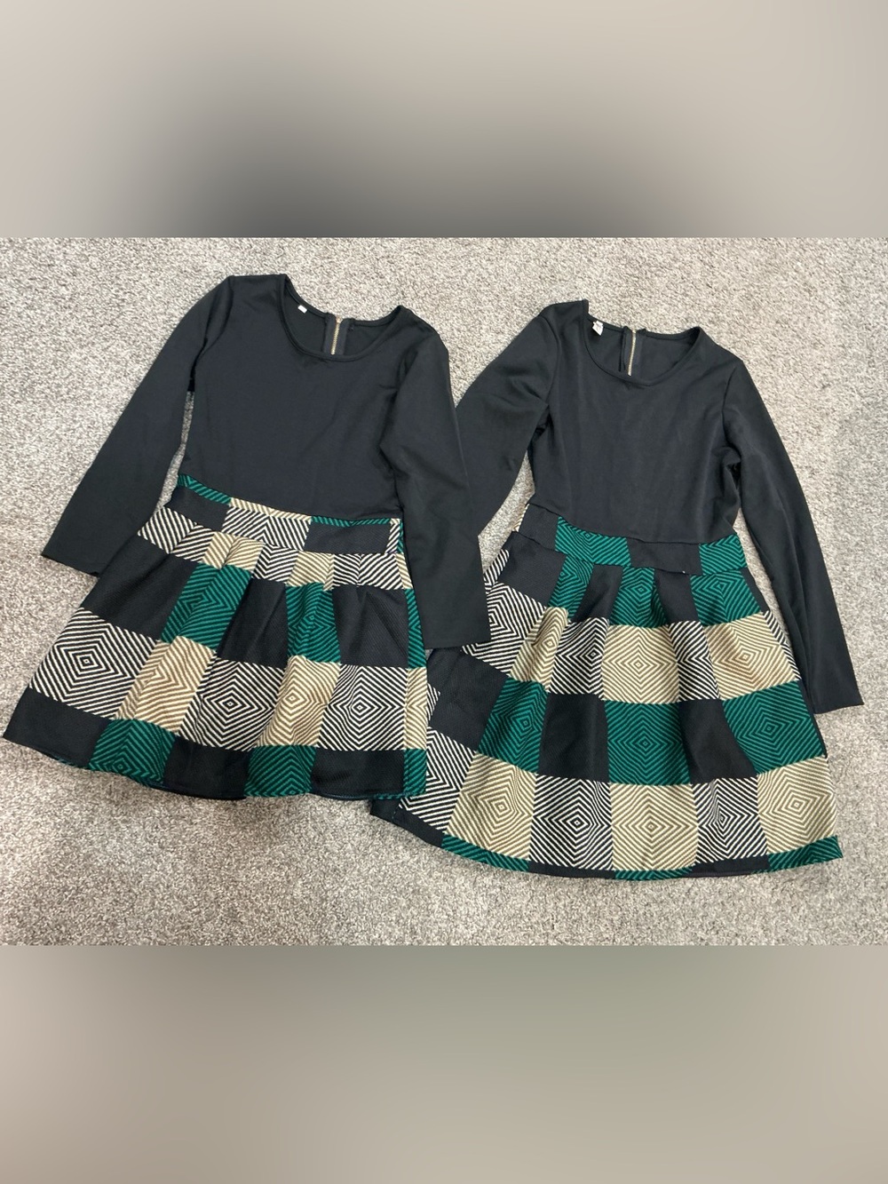 Mommy and me Black Long-Sleeve Dress with Green and Cream Plaid Skirt